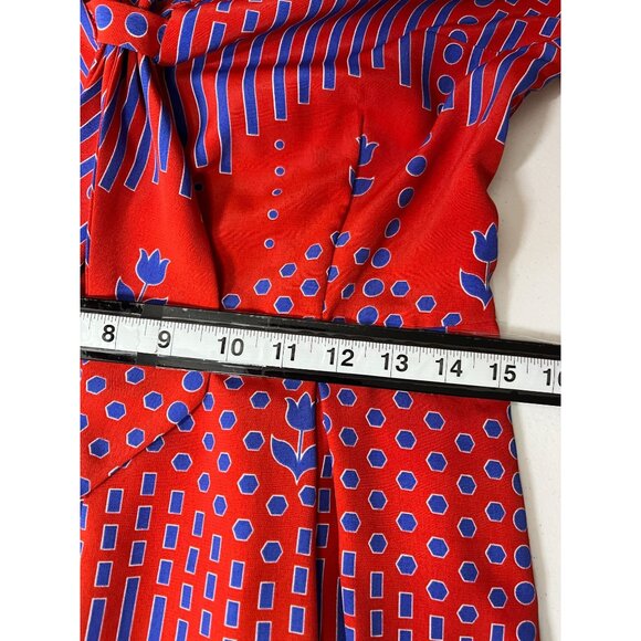 ModCloth Dress Womens 10 Fit and Flare Long Sleeve Pleated Red Blue Print Fall - Picture 15 of 16